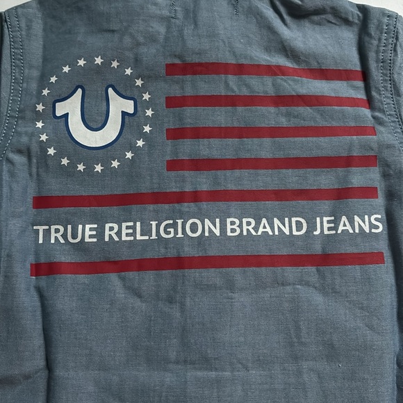 True Religion blue button shirt pocket in front flag design in back boy size 5 - Picture 3 of 7